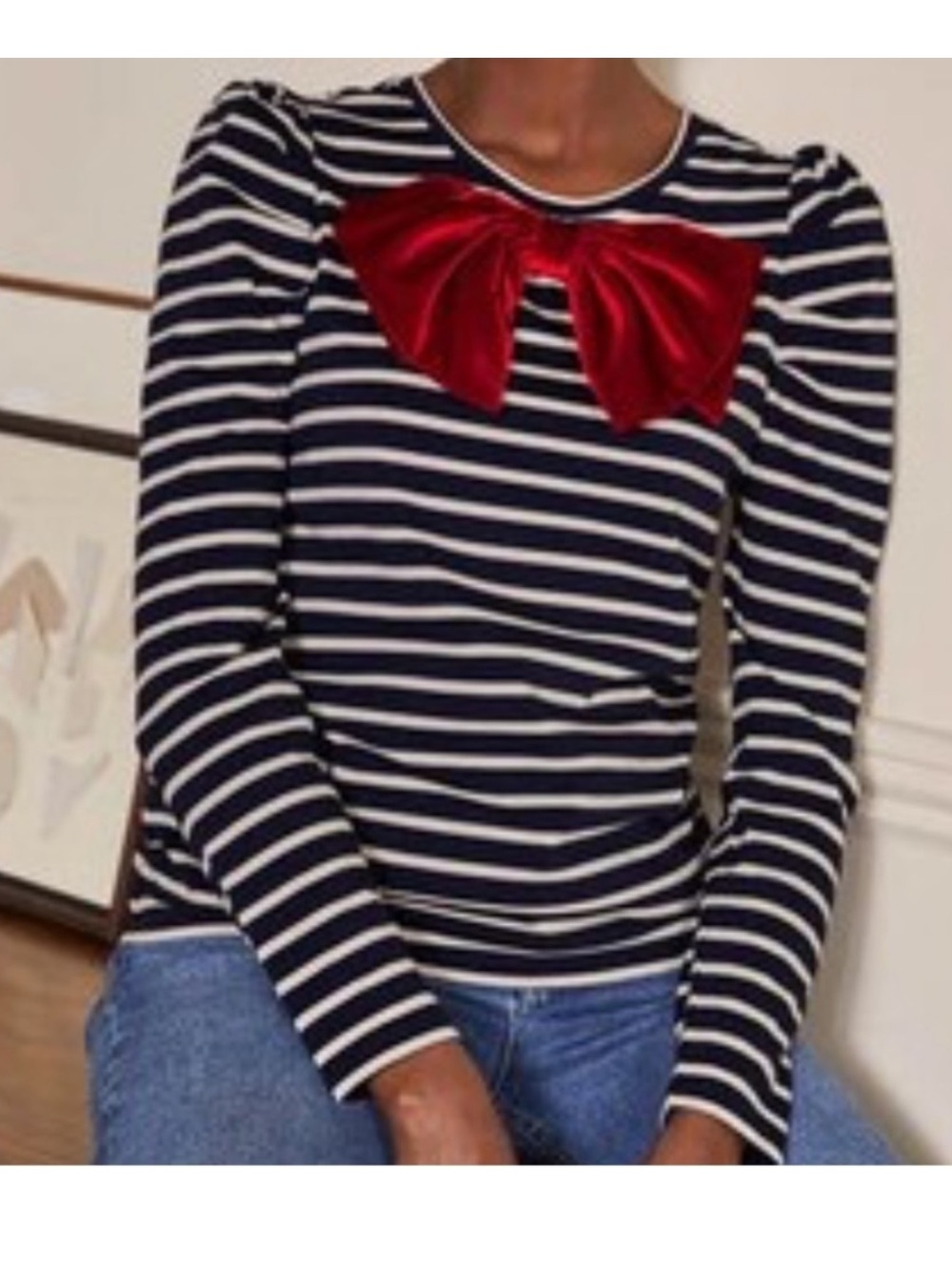 Boden Imogen Breton Top US 6 Navy Ivory Stripe Red Velvet Bow Puff Sleeve Cotton